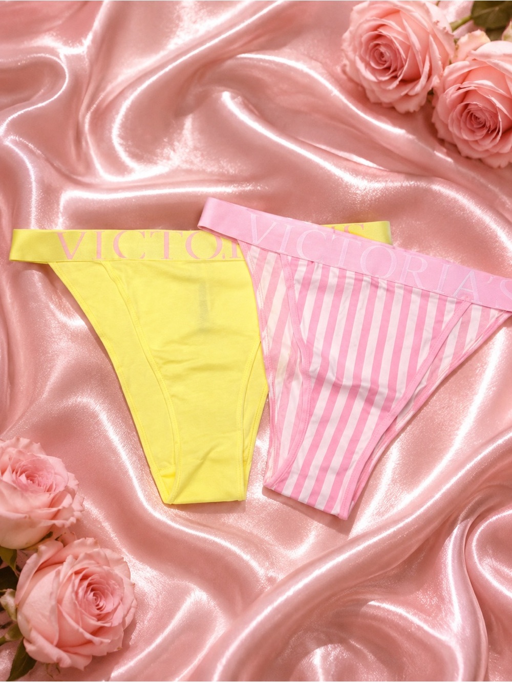 Victoria’s Secret Logo Waistband Thong Bundle Pink Stripe Yellow Size L NWT